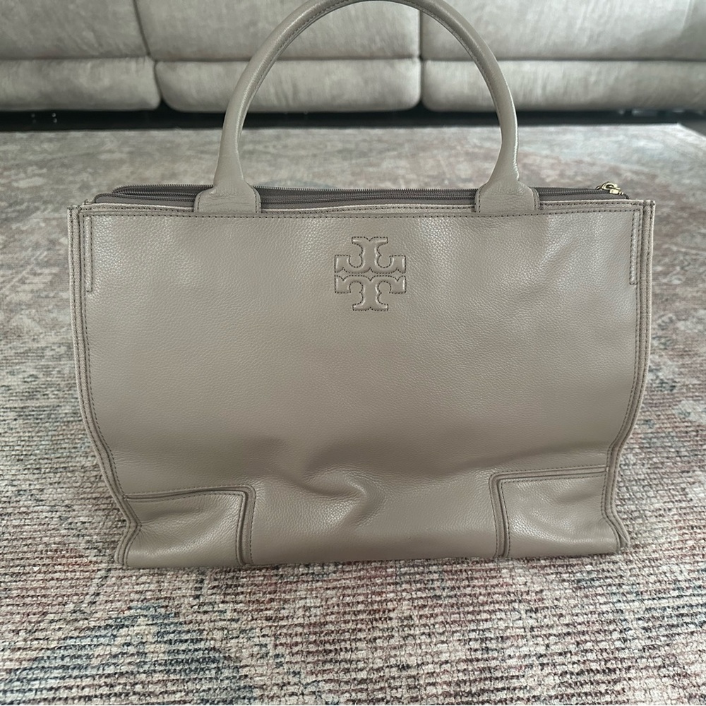 Tory Burch Ella Canvas Leather Tote in French Gray